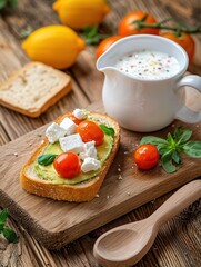 Fresh Avocado Bread with Cherry Tomatoes and Lemon Drink on Table