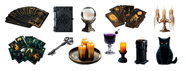 Mystical items collection: tarot cards, crystal ball, candles, and mysterious black cat isolated on transparent png