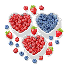 Three Heart-Shaped Bowls Filled with Fresh Berries, Strawberries, Cranberries, and Blueberries
