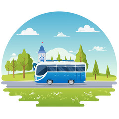 Blue Bus Tour Illustration Featuring a Bus Ride in a Serene Landscape