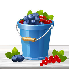 Bucket of Berries: Blueberries and Redcurrants Vector Illustration