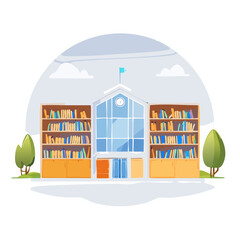 Cartoon Library Building with Bookshelves and Trees