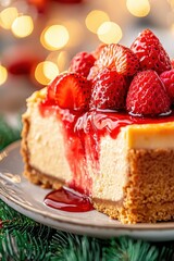 Delicious Strawberry Cheesecake with Red Sauce and Bokeh Lights