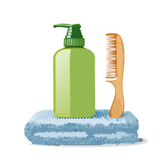 Cleaning supplies including a soap dispenser, brush, sponge, and towel.