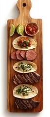 Grilled Beef Tacos with Fresh Salsa and Lime on Wooden Board