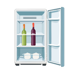 Illustration of an open refrigerator containing wine bottles and covered containers