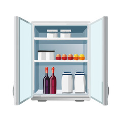 Fridge with food and drinks, wines, jars, boxes and fruits