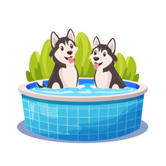 Two Huskies Enjoying a Relaxing Swim in a Pool on a Summer Day