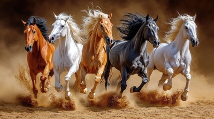Obraz premium Five horses of different colors gallop side by side through a dusty, sandy terrain with their manes flying in the wind.