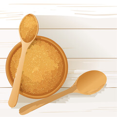 Brown Sugar in Wooden Bowl with Spoons on White Wood Background