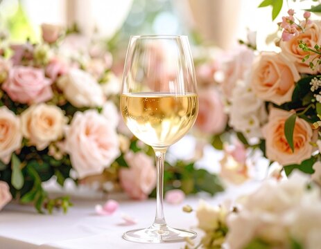Elegant wine glass filled with white wine at a floral wedding reception table.
