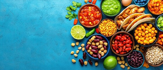 Colorful Variety of Fresh Ingredients on Bright Blue Background
