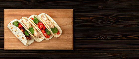 Delicious Tacos with Chicken, Lettuce, and Tomato on Wooden Board