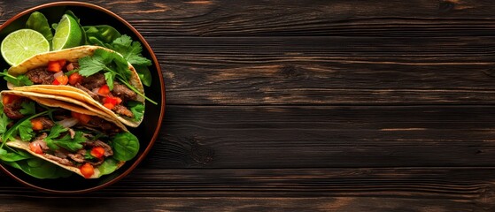 Fresh Tacos with Beef, Vegetables, and Lime on Rustic Wooden Table
