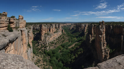 Panoramic View of a Deep Canyon with Steep Rocky Walls and Lush Green Valley Below under a Blue Sky