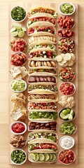 Colorful Assortment of Tacos and Dips on Wooden Platter