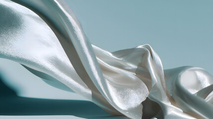 Elegant Flowing White Silk Fabric on a Serene Light Blue Background, Luxurious Textile Backdrop