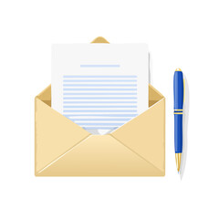 Open Envelope with Letter, Notepad, and Pen Illustration