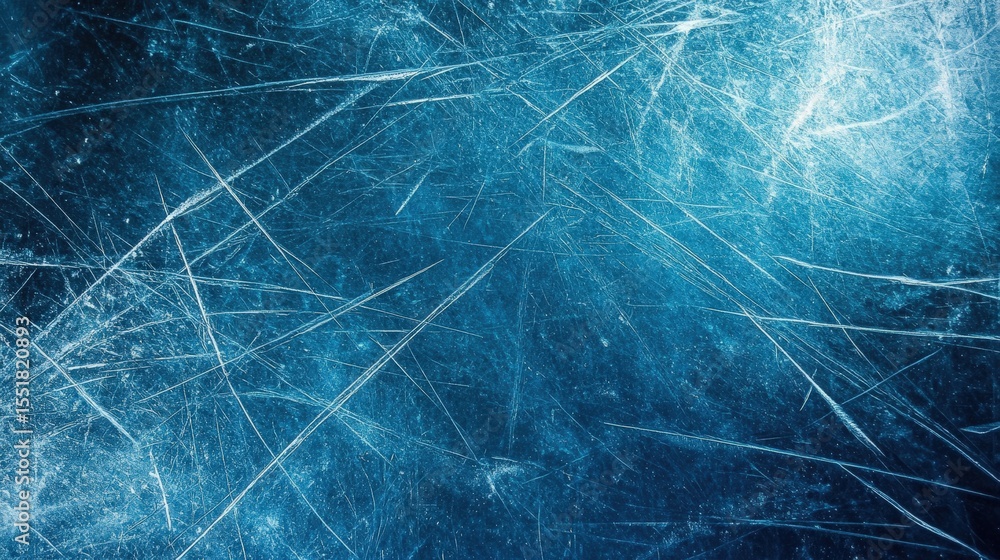 Poster close-up of a scratched blue metallic surface with multiple fine, intersecting lines creating an abs