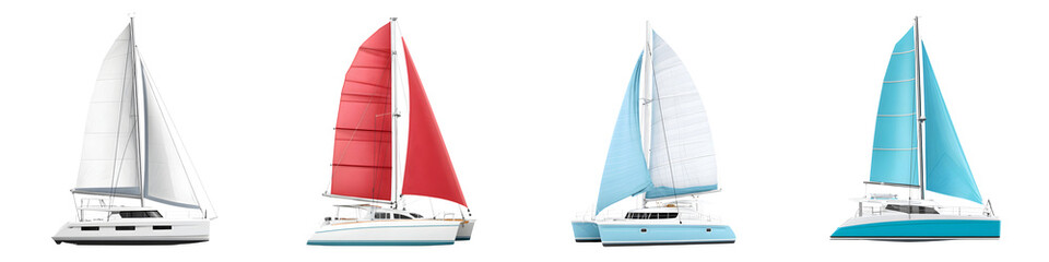 Catamaran Sailboats Set with Colorful Sails on White Background
