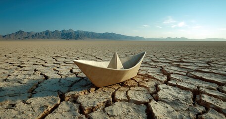 Un bateau en papier échoué dans un lac asséché représentant une illusion d'eau dans un paysage aride et désertique, concept de réchauffement climatique.