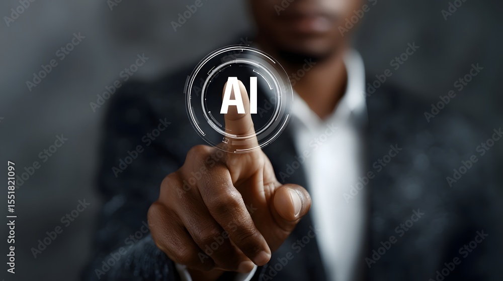Poster a person in formal attire activating a circular interface with their palm