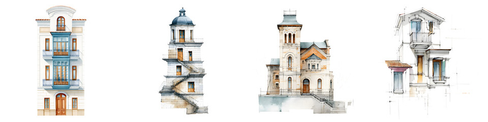 Watercolor Building Facades Collection, Architectural Details
