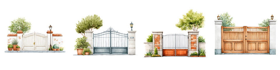 Elegant Entrance Gates: Watercolor Illustrations of Classic Designs