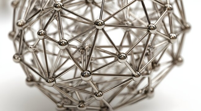 Complex silver metal sphere with interconnected nodes - Powered by Adobe