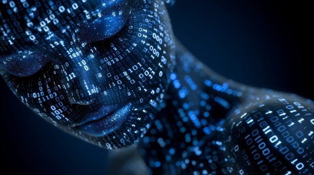 Stock and machine learning are symbolized by a human face comprised of binary code