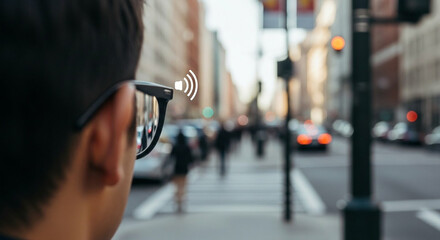 A person uses smart glasses with an audio AI assistant while walking on a city street.
