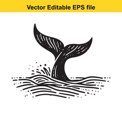 Whale Tail Emerges from Ocean Depths A Black and White Vector Illustration of Marine Life and Nautical Themes