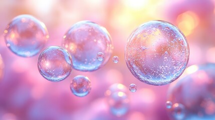 Naklejka premium Close up of iridescent spheres with shimmering light and soft focus background creating a dreamy and ethereal aesthetic