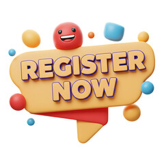 Register Now Playful 3D Render with Happy Emoji and Colorful Bubbles tag label cta button design png 3D illustration callout button