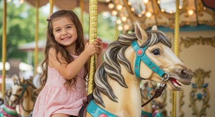 Fototapeta premium Happy little girl enjoys fun summer carousel horse ride