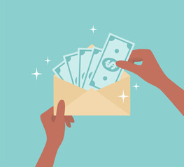 Hands with brown skin tone taking out banknotes from a golden envelope. Flat vector illustration