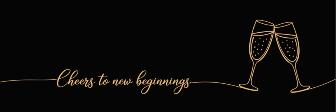 Champagne glasses toast in gold simple line art on black background, black banner with copy space - Powered by Adobe