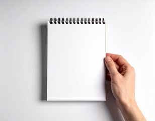 Blank Spiral Notebook in Hand – Top View on White Background

