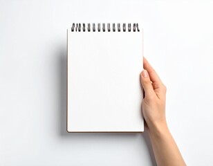 Blank Spiral Notebook in Hand – Top View on White Background

