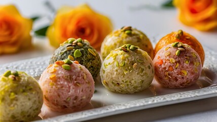 Close-up of colorful Indian sweets including barfi ladoo and pastries arranged on white plate in bright even lighting