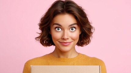 Young Woman Opening a Surprise Box with Excitement Against a Pink Background