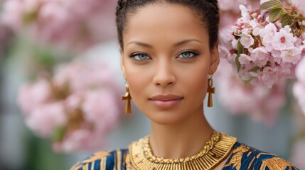Portrait of a Young Woman in Traditional Egyptian Attire Surrounded by Cherry Blossoms