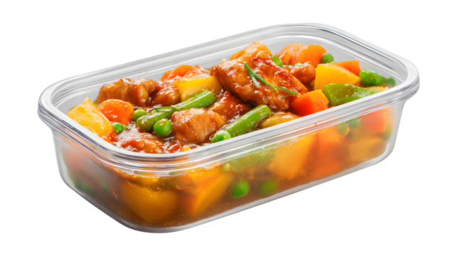 Ready food in a container Stewed chicken stewed vegetables isolated on a white background