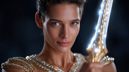 Portrait of an Egyptian Warrior with a Shining Sword Exuding Strength and Determination in a Dark Atmosphere