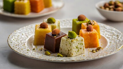 Vibrant Indian sweets like barfi ladoo and nut treats arranged on white plate with rich festive color and fine texture