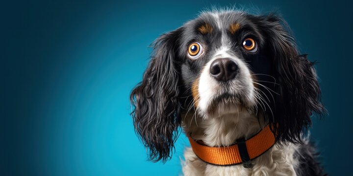 Portrait d'un adorable chien aux grands yeux expressifs, poils noirs et blancs, portant un collier orange sur fond bleu, regardant droit vers l'objectif avec &eacute;tonnement, image avec espace pour texte.