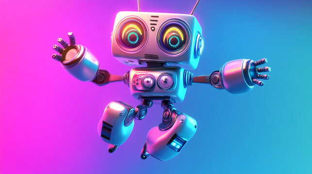 Cartoon groovy robot with a square body, dials, flexible arms and legs, and a friendly face with large expressive eyes