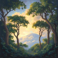 Obraz premium Serene Forest Scene with Mountain View and Soft Light in Background