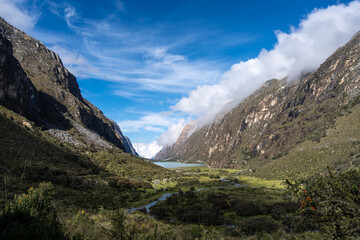 Scenic valley landscape along the Laguna 69 trek in Huaraz, Peru