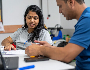 High-quality vocational photography of job coaching session for person with disability, professional training environment lighting, authentic skill development moment, adaptive work tools visible, coa